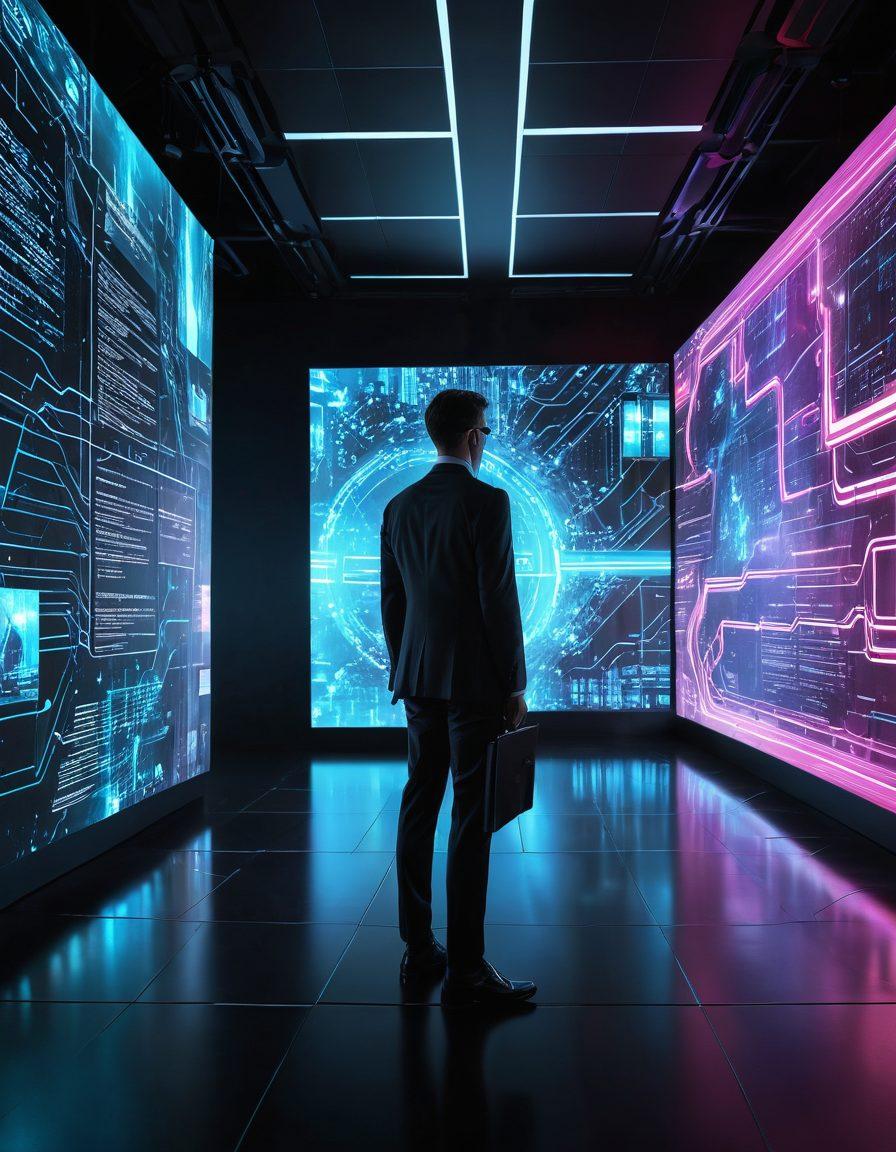 A futuristic digital landscape depicting interconnected nodes representing TGP (Traffic Generation Portal) networks, with glowing pathways illustrating data flow. The scene includes a confident businessperson standing before a holographic interface displaying compliance metrics and website performance, symbolizing success in the adult industry. The backdrop features subtle adult-themed elements blended into a sophisticated technology aesthetic. Cyberpunk style. vibrant colors.