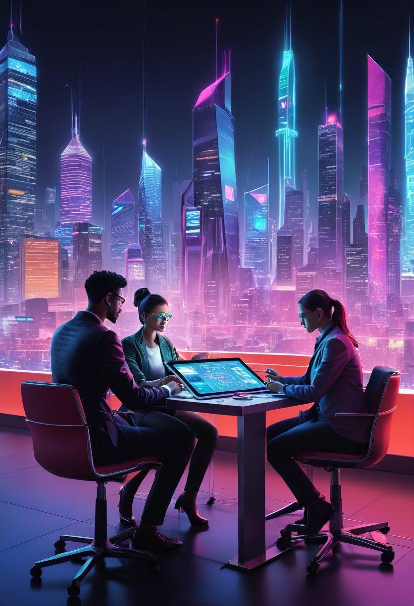 A dynamic illustration depicting a diverse group of adult webmasters collaborating around a large digital tablet, filled with graphs and charts symbolizing TGP marketing strategies. The backdrop showcases a vibrant neon cityscape mixed with elements of the adult industry, like digitally designed elements representing digital success and innovation. Bright colors and futuristic designs highlight the atmosphere of ambition and professionalism. super-realistic. vibrant colors. cyberpunk.